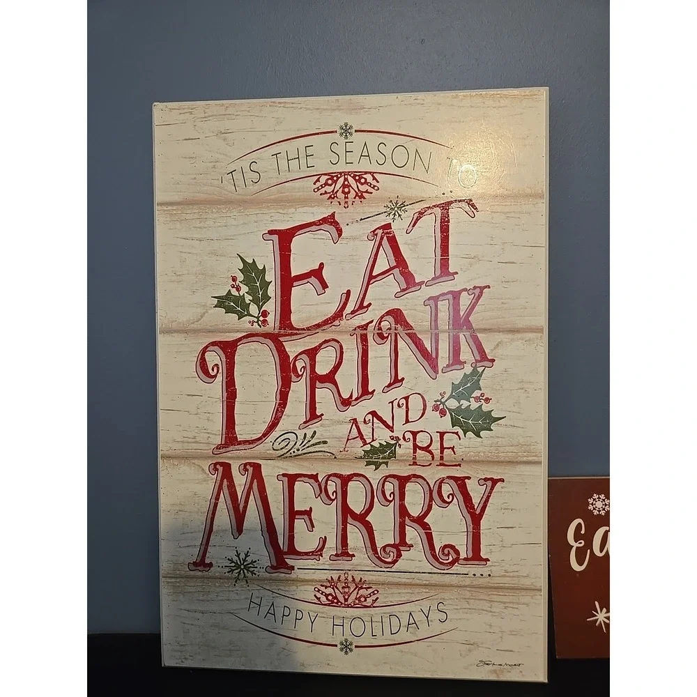 EAT‎ DRINK And BE MERRY Christmas Wood Signs - Holiday Decor Set of 2